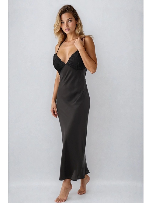 Cămașă de noapte lungă din satin Padi negru