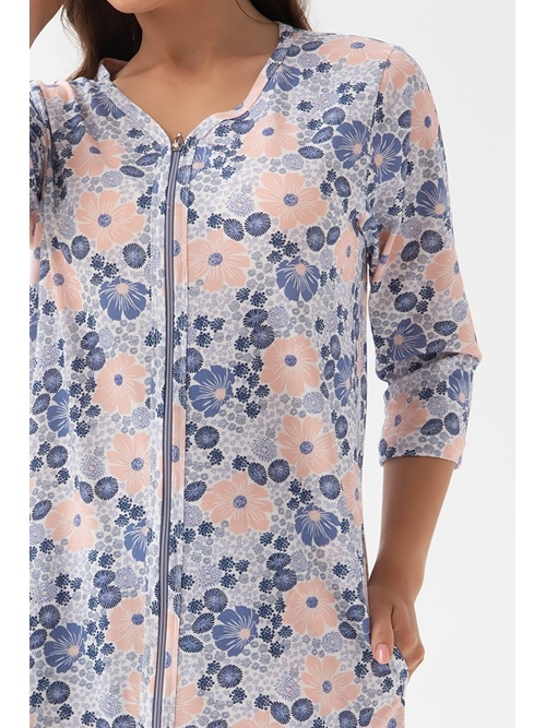 Damski szlafrok Francesca z zamkiem błyskawicznym w niebieskie i łososiowe kwiaty